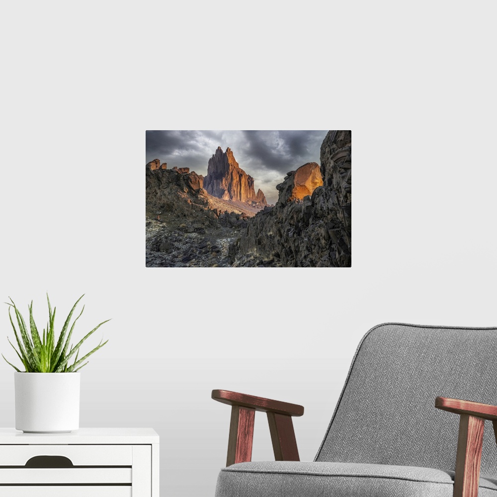 A modern room featuring USA, New Mexico, Shiprock Formation At Sunrise