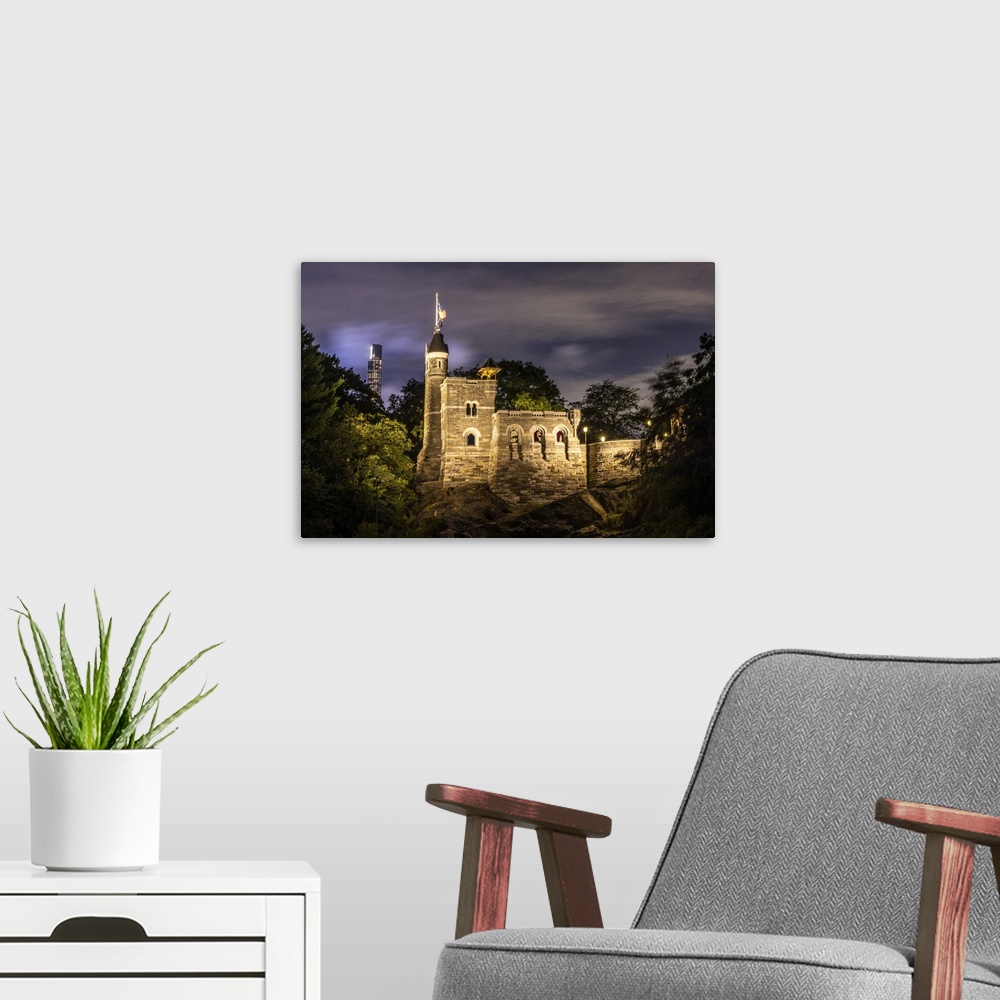 A modern room featuring USA, New York. Central Park, Belvedere Castle. United States, New York.