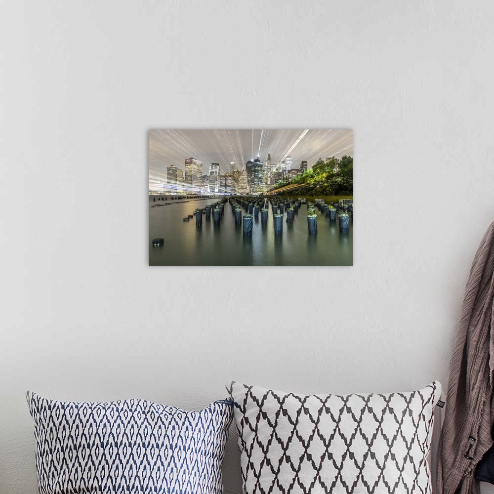 A bohemian room featuring USA, New York. Downtown view from Pier 1, wooden pilings in front of river in Brooklyn Heights. U...