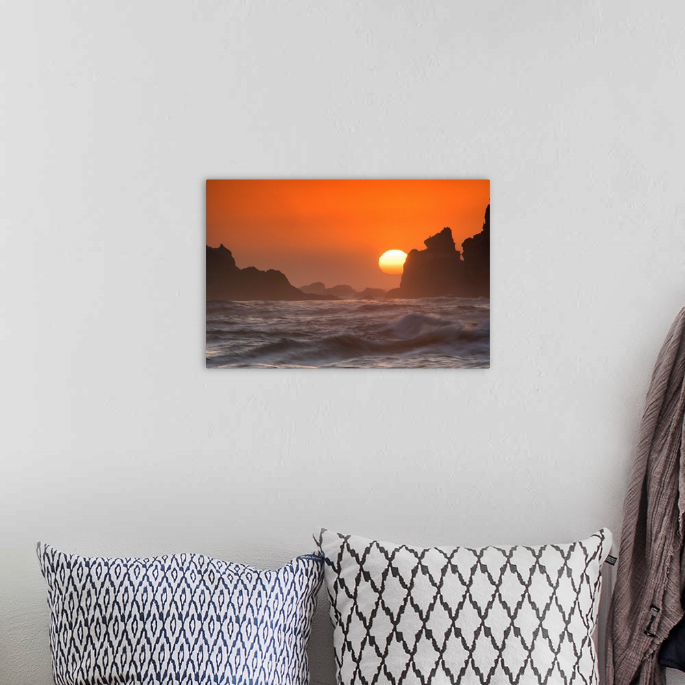 A bohemian room featuring USA, Oregon, Bandon. Sunset on sea stacks and ocean.
