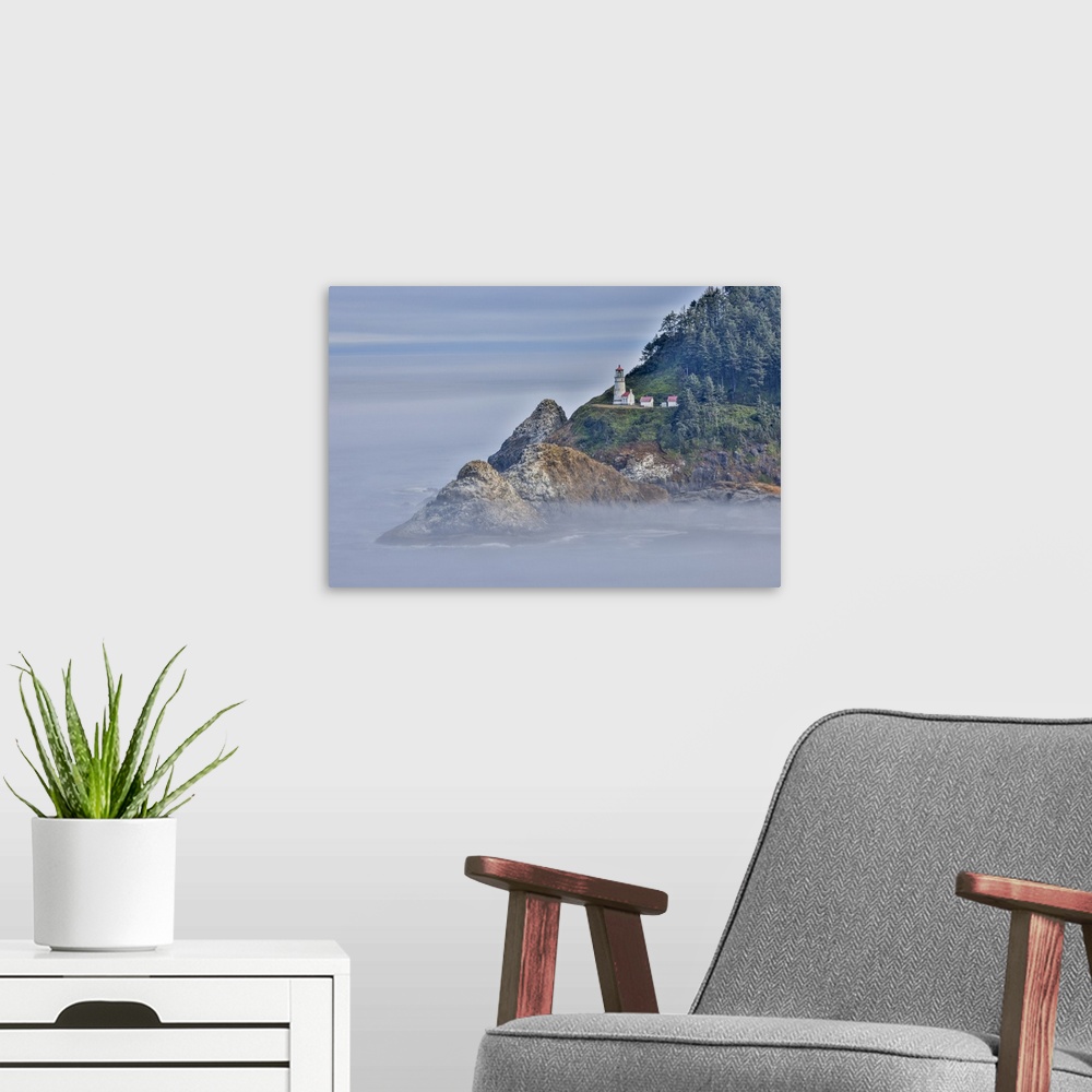 A modern room featuring Usa, Oregon, Florence. Heceta Head Lighthouse, A Foggy Morning on the Pacific Surrounding the Hec...