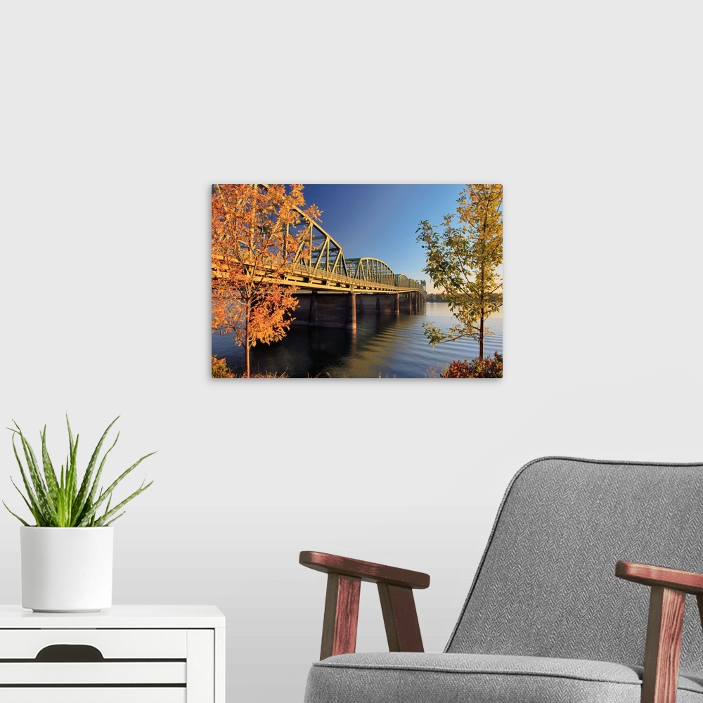 A modern room featuring USA, Oregon, Portland. Interstate Bridge crossing Columbia River.