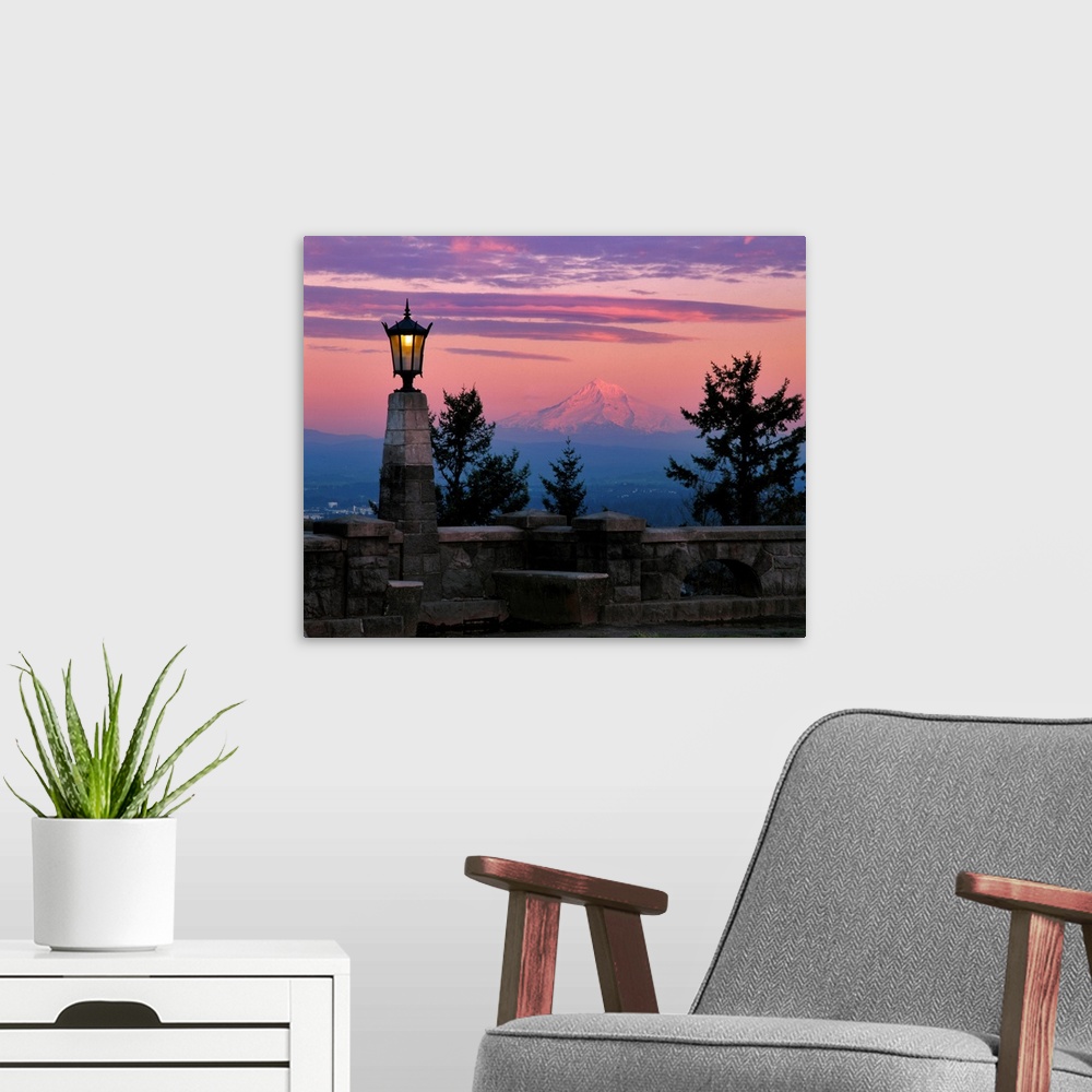 A modern room featuring USA, Oregon, Portland. Mt Hood with moonrise at sunset.