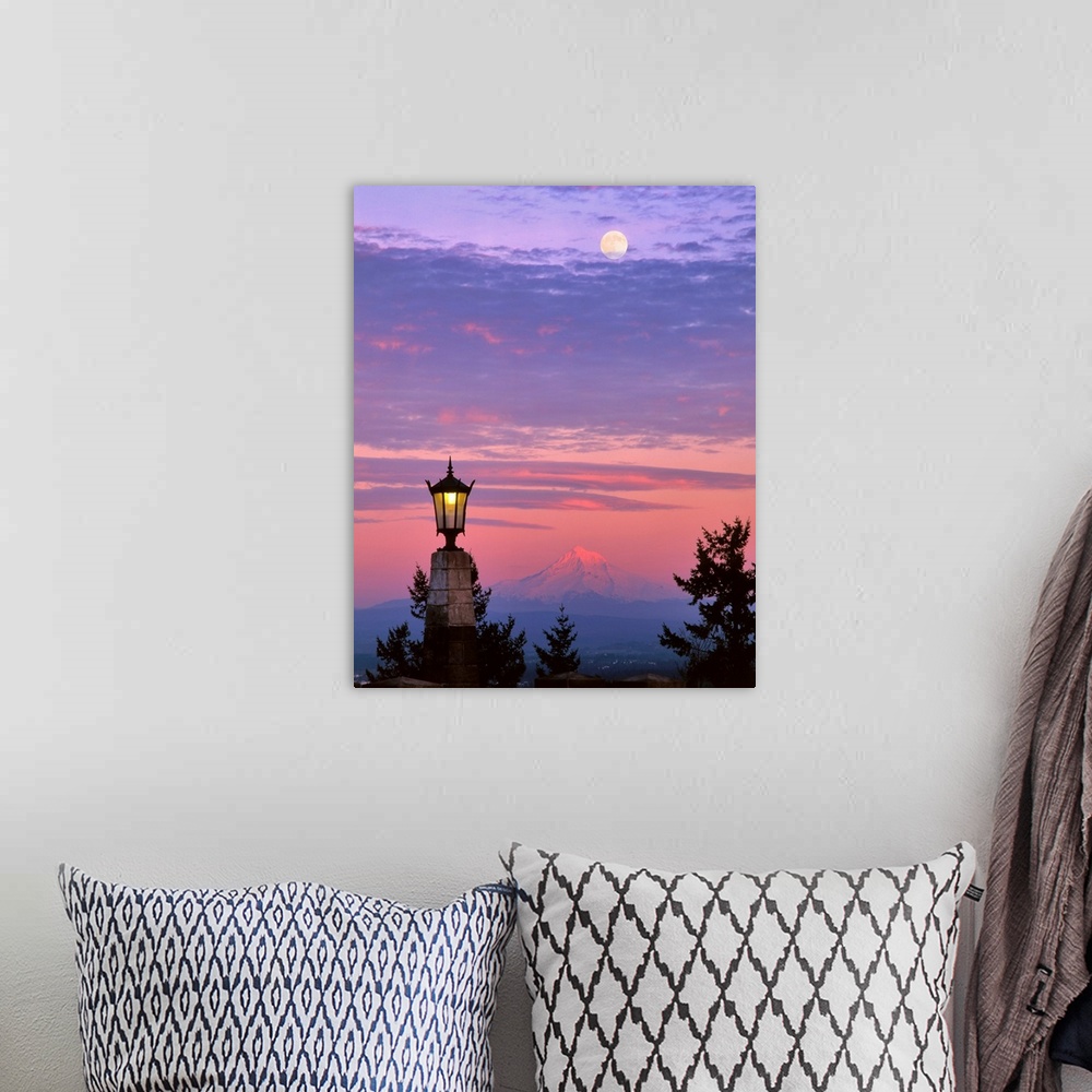 A bohemian room featuring USA, Oregon, Portland. Mt Hood with moonrise at sunset.