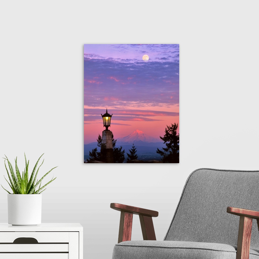 A modern room featuring USA, Oregon, Portland. Mt Hood with moonrise at sunset.