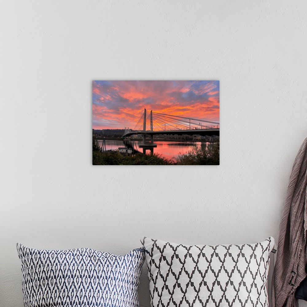 A bohemian room featuring USA, Oregon, Portland. Tilikum Bridge Crossing and Willamette River at sunset.