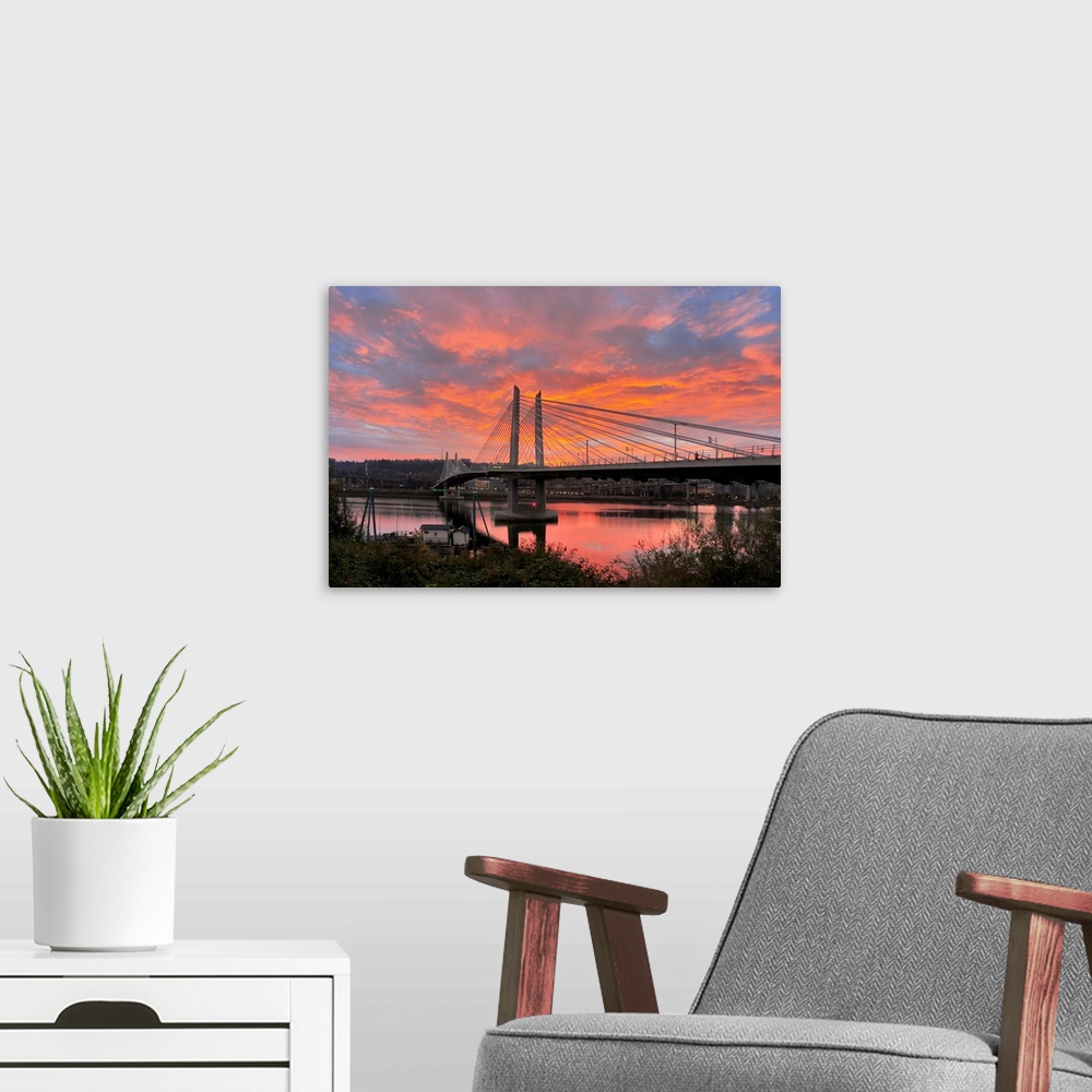 A modern room featuring USA, Oregon, Portland. Tilikum Bridge Crossing and Willamette River at sunset.