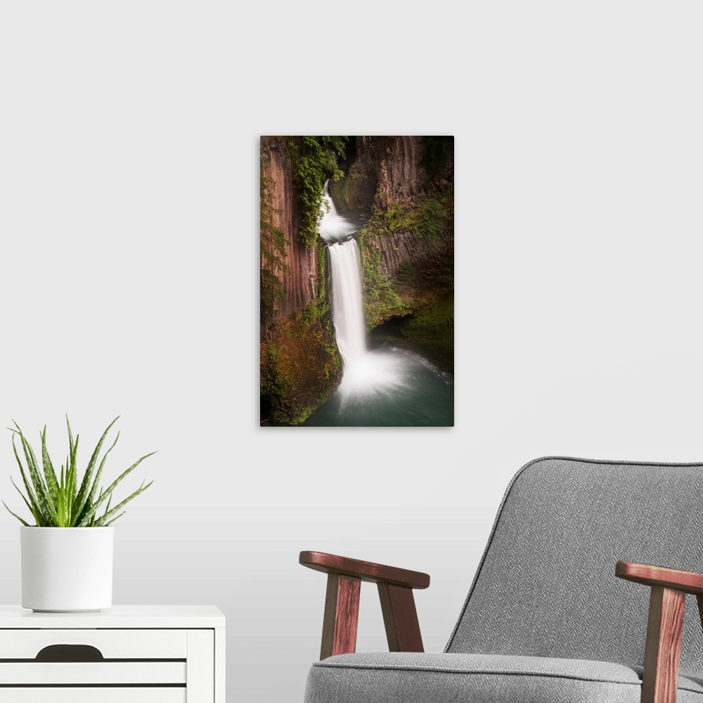 A modern room featuring USA, Oregon. Toketee Falls flows over columnar basalt rock cliff.