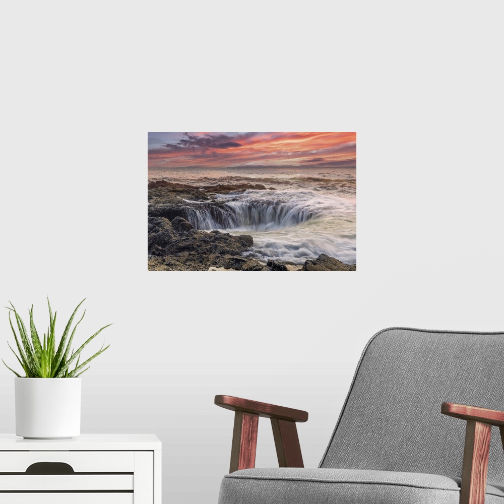 A modern room featuring Usa, Oregon, Yachats. Thor's Well, Waves Crashing into Thor's Well. United States, Oregon.