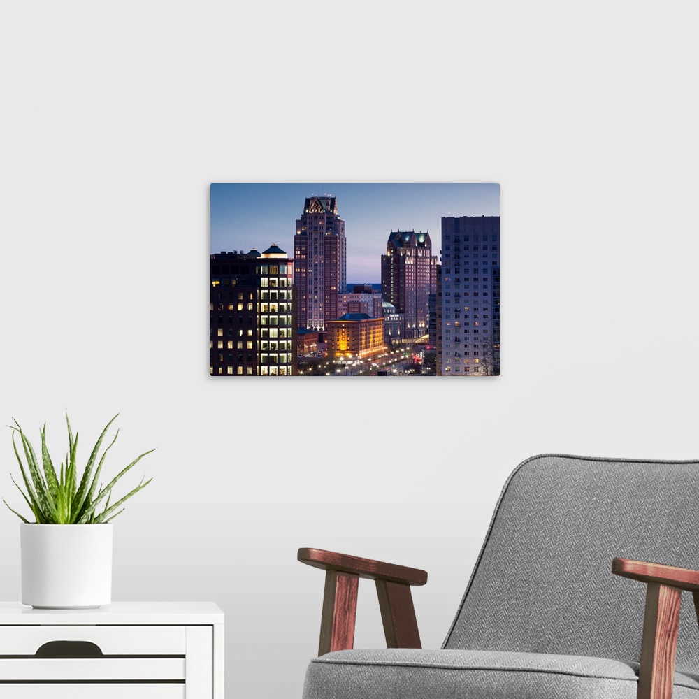 A modern room featuring USA, Rhode Island, Providence, city skyline from Prospect Terrace Park at dusk