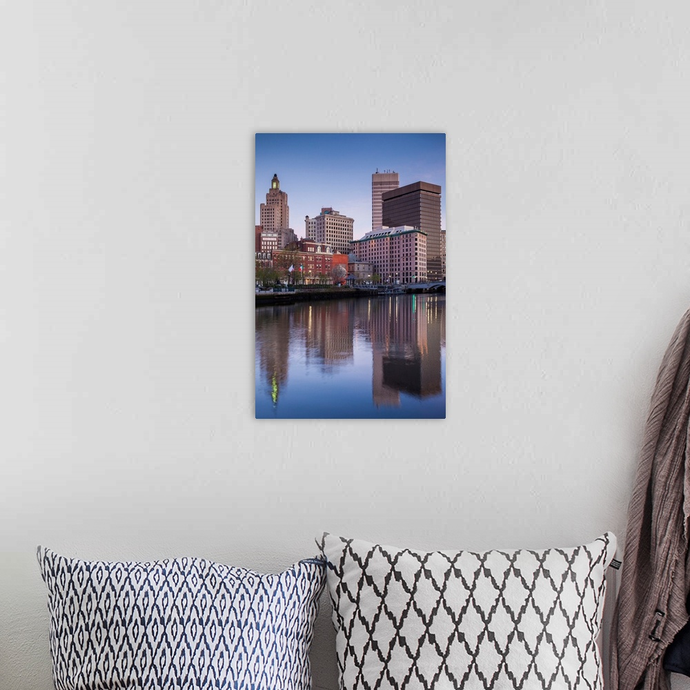 A bohemian room featuring USA, Rhode Island, Providence, city skyline from the Providence River at dawn