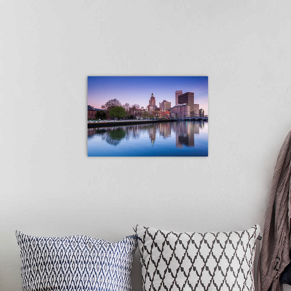 A bohemian room featuring USA, Rhode Island, Providence, city skyline from the Providence River at dawn