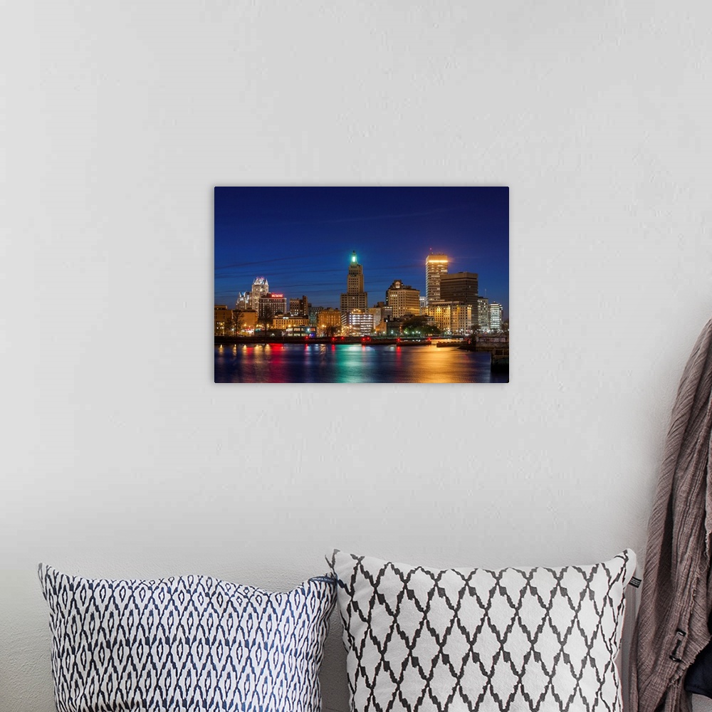 A bohemian room featuring USA, Rhode Island, Providence, city skyline from the Providence River at dusk