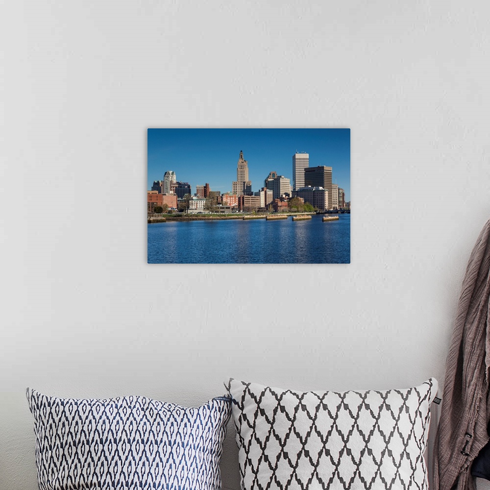 A bohemian room featuring USA, Rhode Island, Providence, city skyline from the Providence River, morning