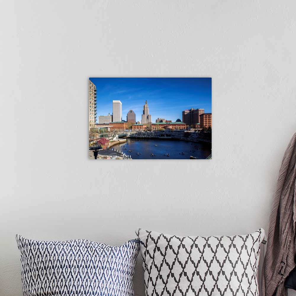 A bohemian room featuring USA, Rhode Island, Providence, city skyline from Waterplace Park
