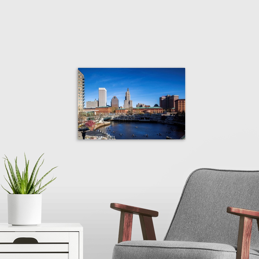 A modern room featuring USA, Rhode Island, Providence, city skyline from Waterplace Park