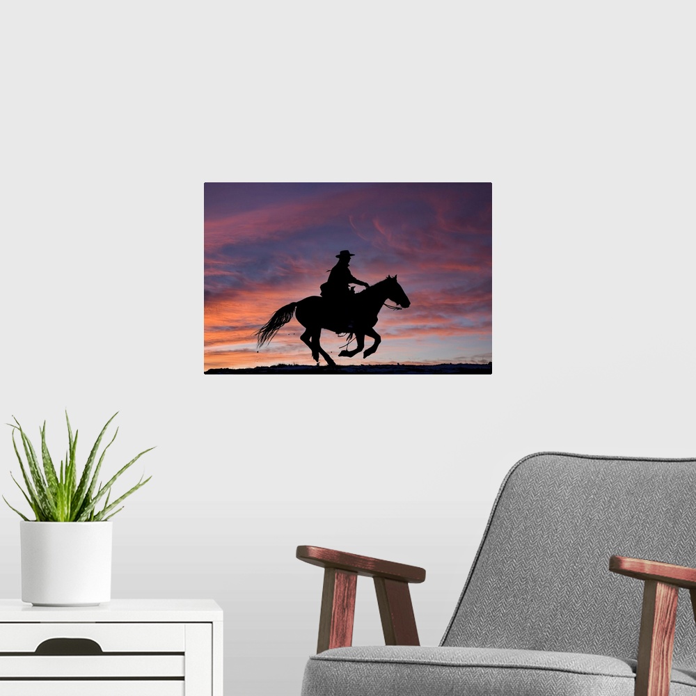 A modern room featuring USA, Shell, Wyoming, Hideout Ranch Cowgirl Silhouetted On Horseback At Sunset