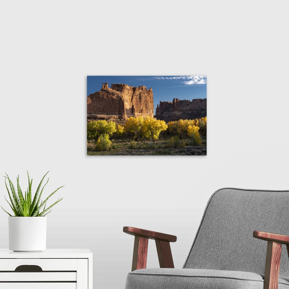 A modern room featuring USA, Utah. Autumn cottonwoods and the Three Gossips at sunset, Arches National Park.