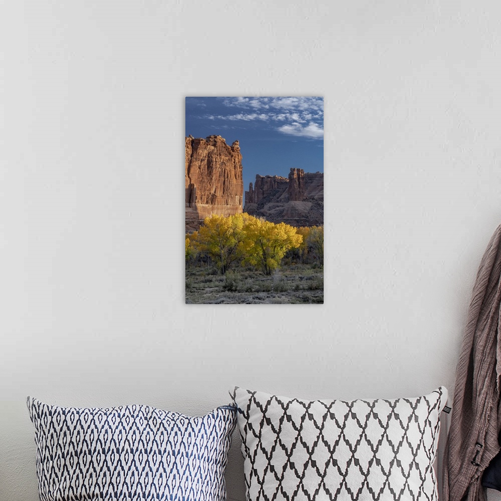 A bohemian room featuring USA, Utah. Autumn cottonwoods and the Three Gossips at sunset, Arches National Park.