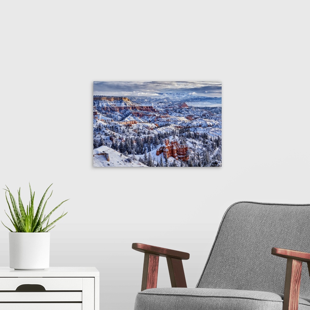 A modern room featuring USA, Utah, Bryce canyon national park, buttes and hoodoos on a winter morning.