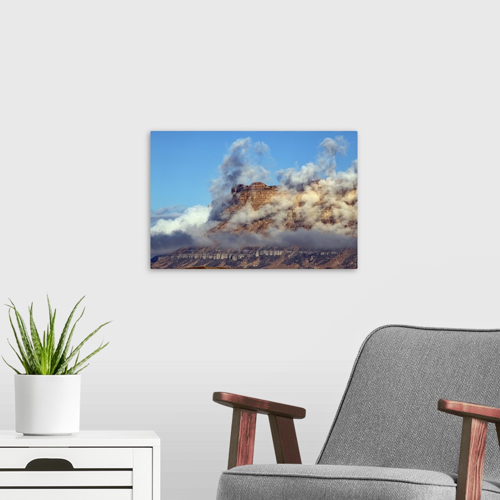 A modern room featuring USA, Utah. Green River, Cloud and Mist Shrouded Little Elliot Mesa. United States, Utah.