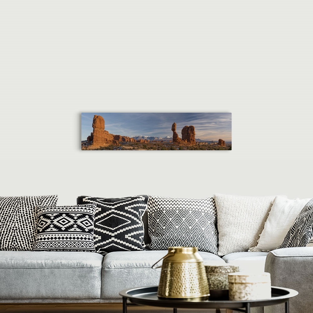 A bohemian room featuring USA, Utah, Panoramic Image Of Balanced Rock At Sunset, Arches National Park