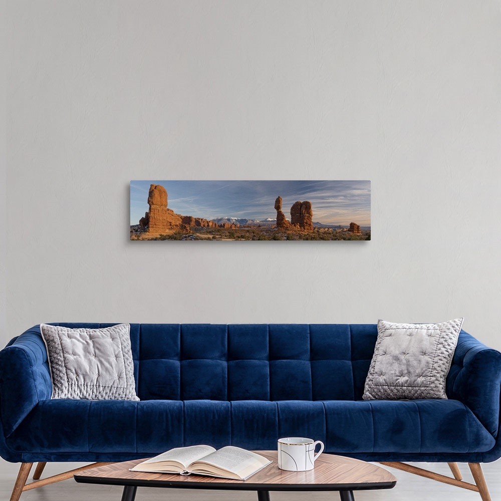 A modern room featuring USA, Utah, Panoramic Image Of Balanced Rock At Sunset, Arches National Park