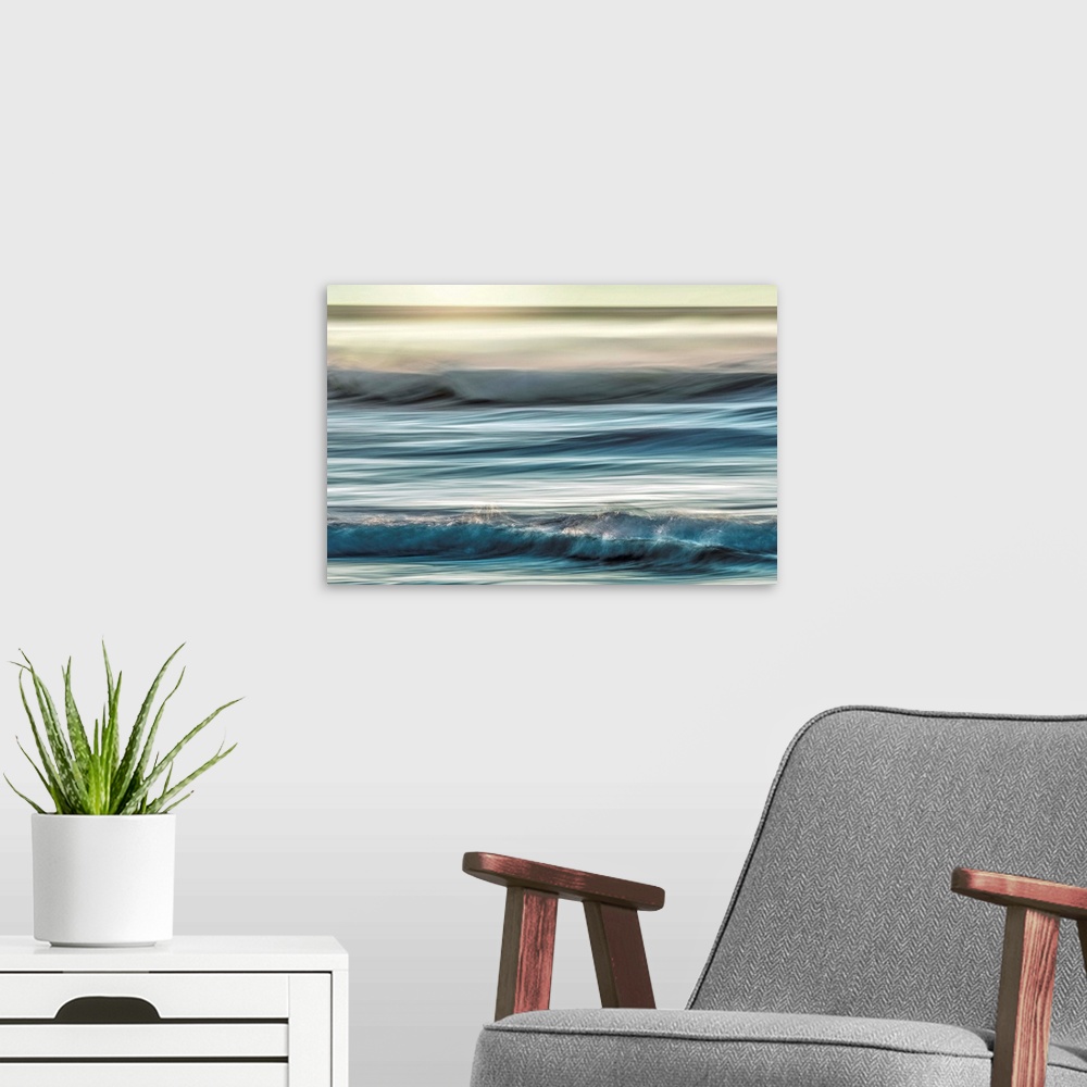 A modern room featuring USA, Washington, Cape Disappointment State Park. Motion blur of sunset on coast.