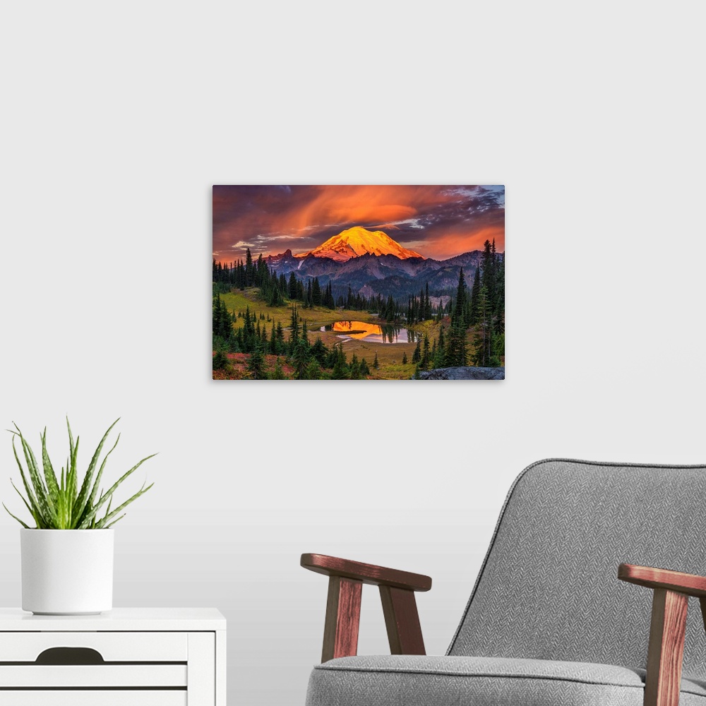 A modern room featuring USA, Washington, Mt. Rainier National Park. Mt. Rainier at sunrise.