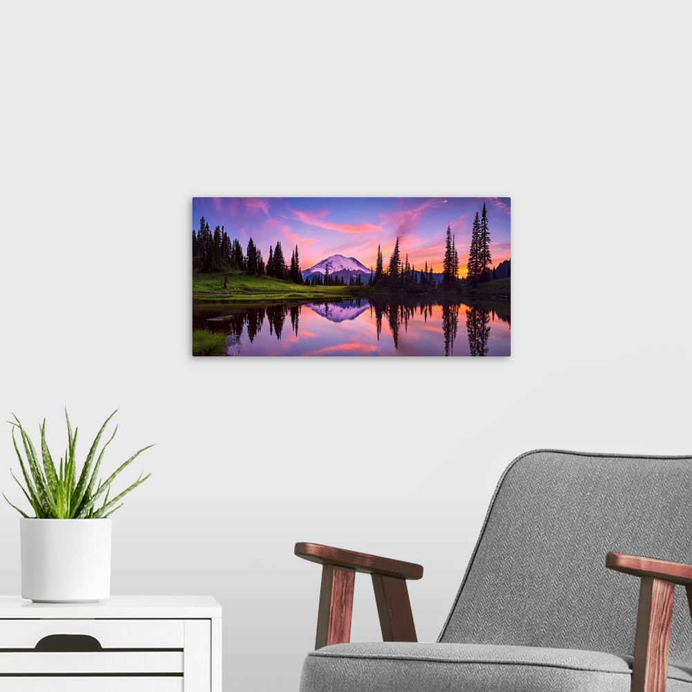 A modern room featuring USA, Washington, Mt. Rainier National Park. Tipsoo Lake panoramic at sunset.