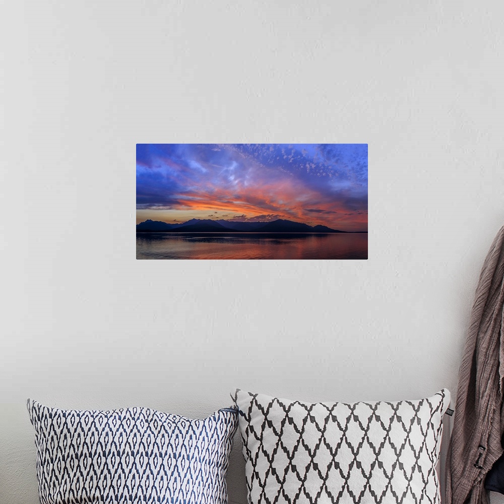 A bohemian room featuring USA, Washington, Seabeck. Sunset panoramic of Hood Canal and Olympic Mountains.