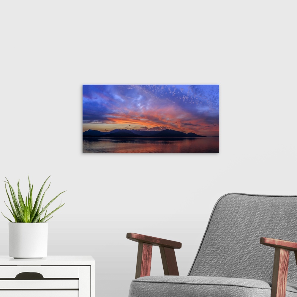 A modern room featuring USA, Washington, Seabeck. Sunset panoramic of Hood Canal and Olympic Mountains.