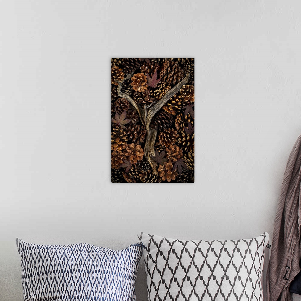 A bohemian room featuring USA, Washington state, Seabeck. Pine cones and fall leaves.