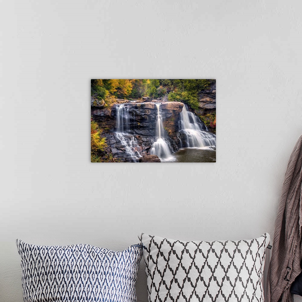 A bohemian room featuring USA, West Virginia, Blackwater Falls State Park. Waterfall and forest scenic.