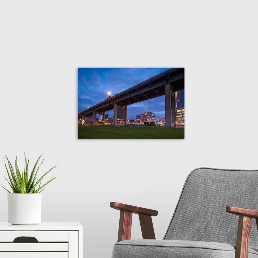 A modern room featuring USA, Western New York, Buffalo, Canalside Park, renovated former industrial zone, Route 5 overpass.