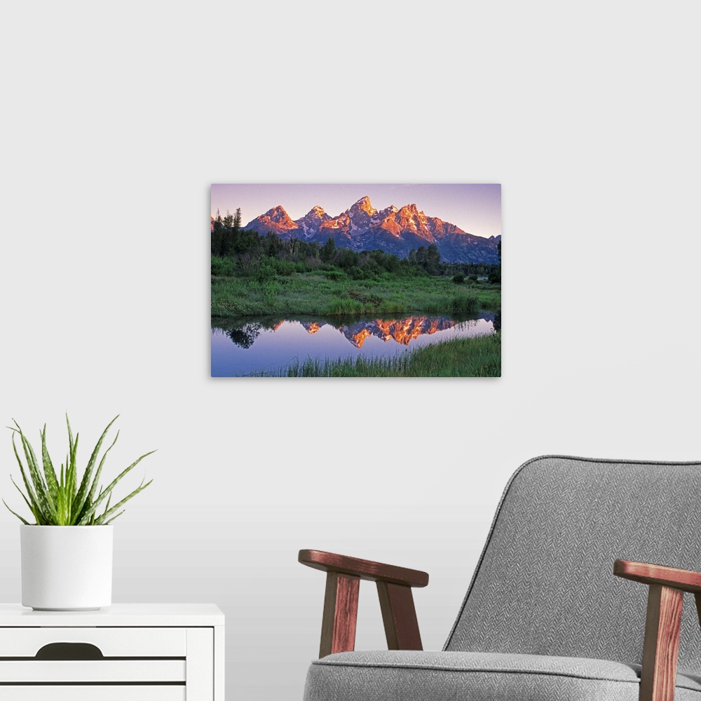 A modern room featuring USA, Wyoming, Grand Teton National Park. Mountains reflect in beaver pond at sunrise.