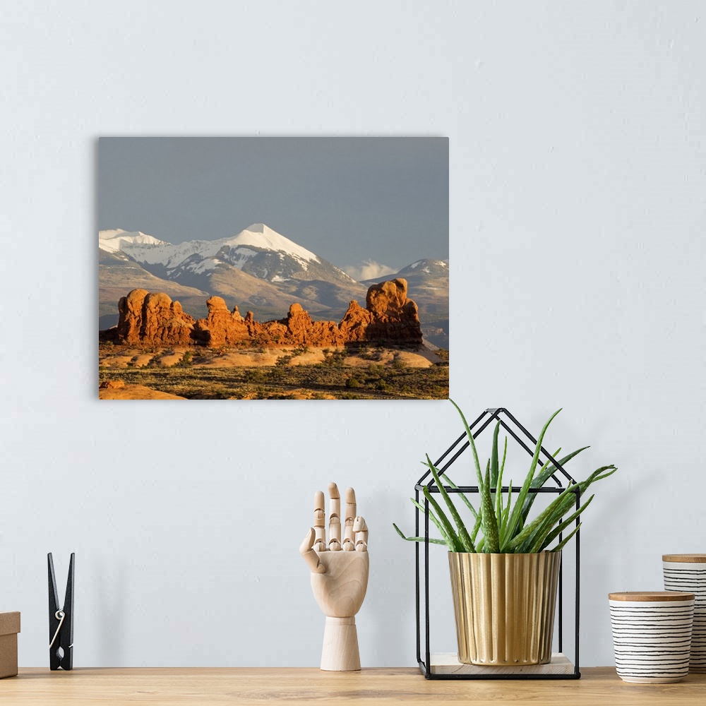A bohemian room featuring USA, Utah. Arches National Park, Rock Formations and La Sal Mountains