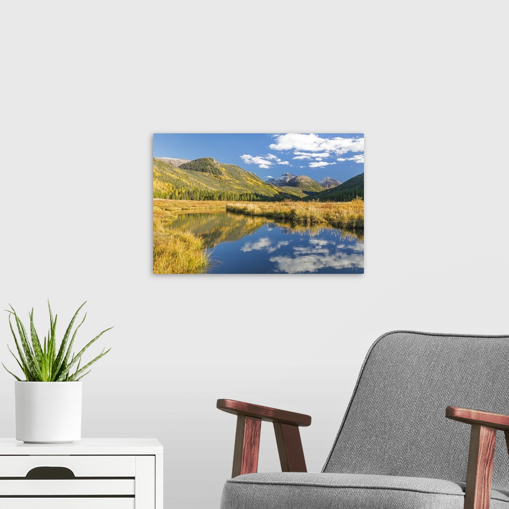 A modern room featuring USA, Utah, Wasatch Cache National Forest. Mountain and river landscape.