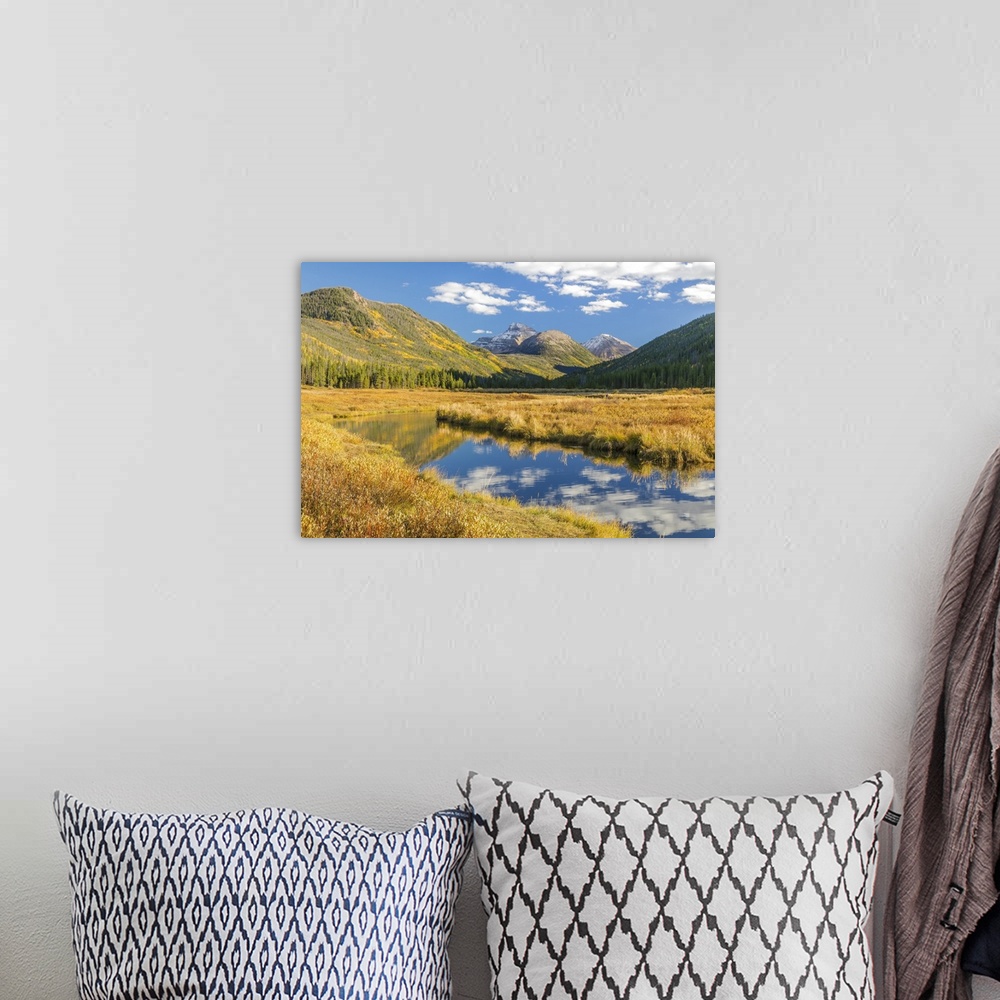 A bohemian room featuring USA, Utah, Wasatch Cache National Forest. Mountain and river landscape.