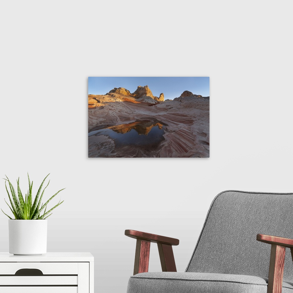 A modern room featuring USA, Arizona, Vermilion Cliffs National Monument. Striations in sandstone formations and pool. Cr...