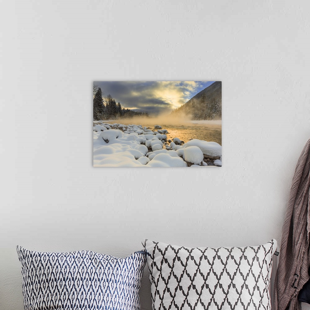 A bohemian room featuring Very cold sunrise over the South Fork of the Flathead River in Hungry Horse, Montana, USA