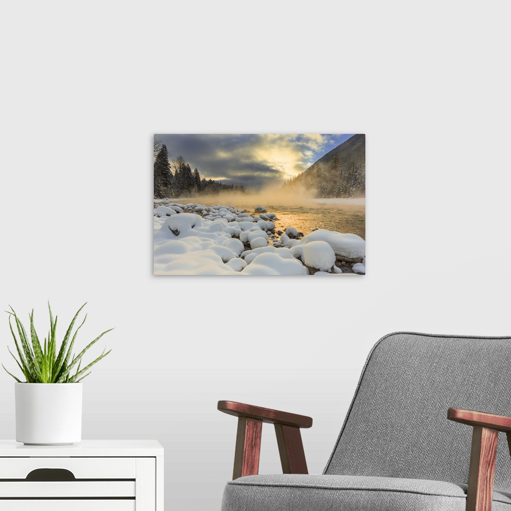 A modern room featuring Very cold sunrise over the South Fork of the Flathead River in Hungry Horse, Montana, USA
