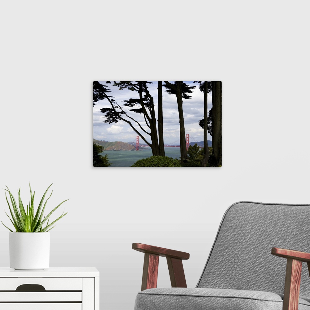 A modern room featuring View of Golden Gate Bridge from Lincoln Park, San Francisco, CA