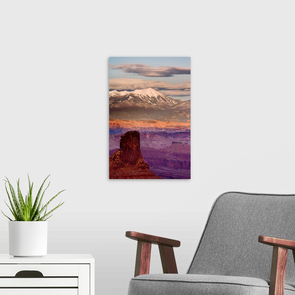 A modern room featuring USA, Utah, Dead Horse Point State Park. View of La Sal Mountains at sunset.