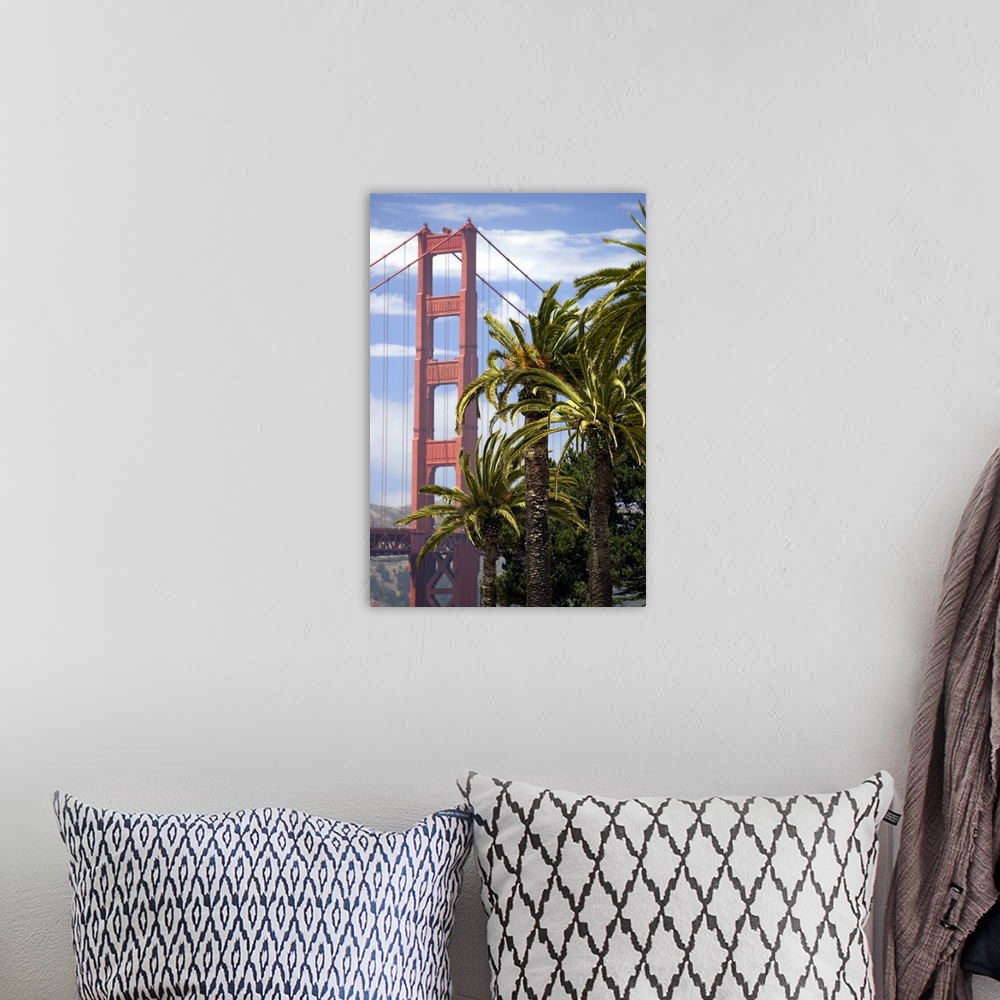 A bohemian room featuring View of the Golden Gate Bridge with Palm trees from the Presidio in San Francisco.