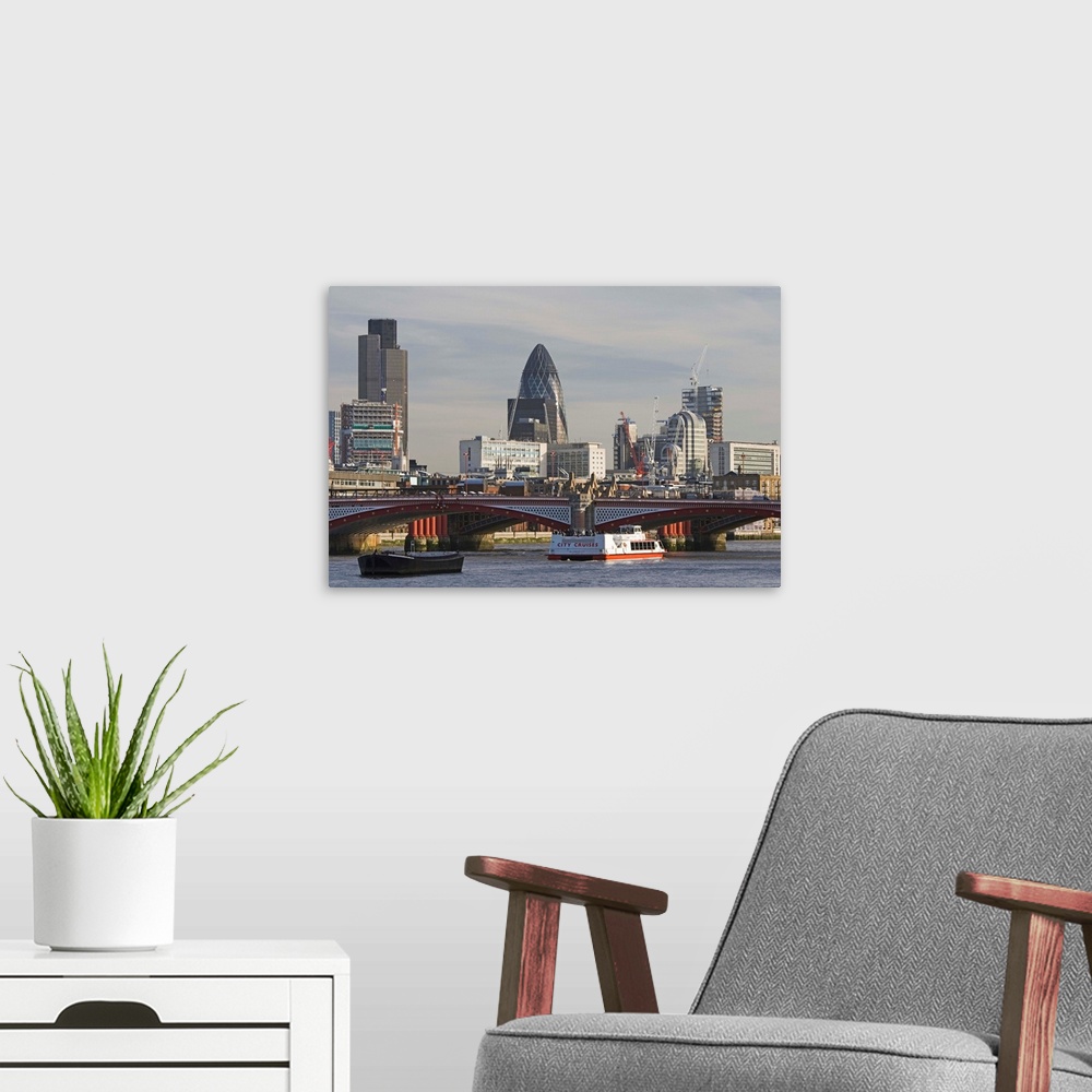 A modern room featuring ENGLAND-London:.View towards the City and Gherkin by Blackfriars Bridge