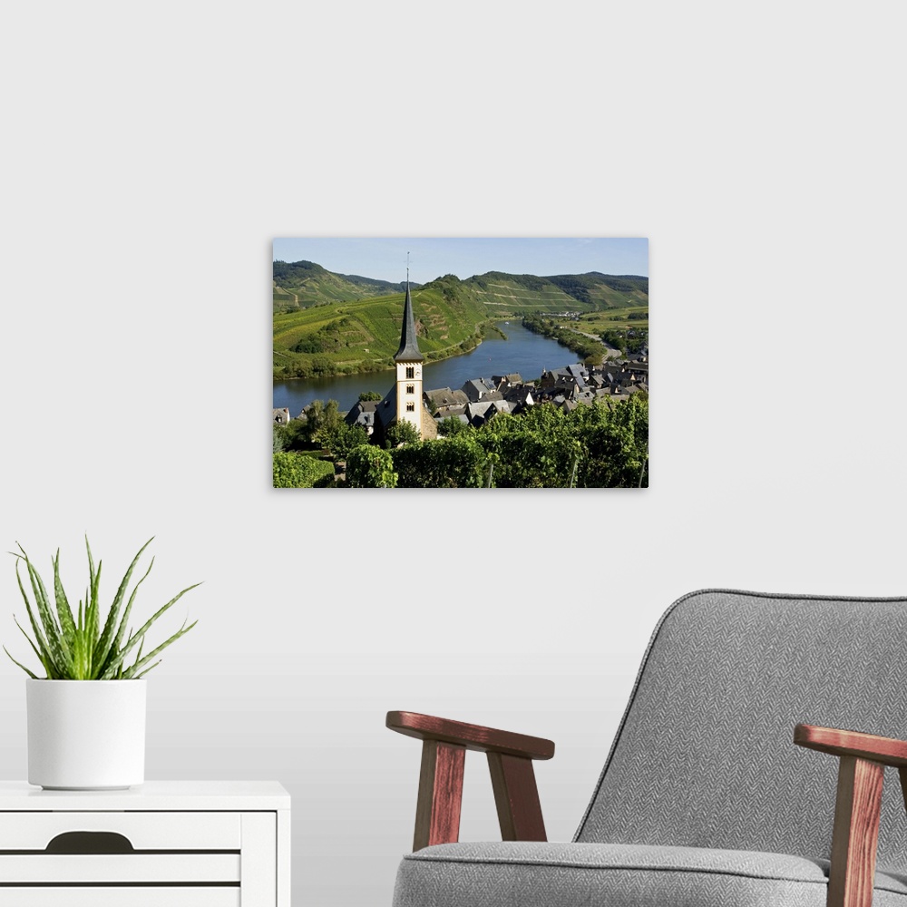 A modern room featuring Village church of Bremm, vineyards, Mosel Valley, Germany
