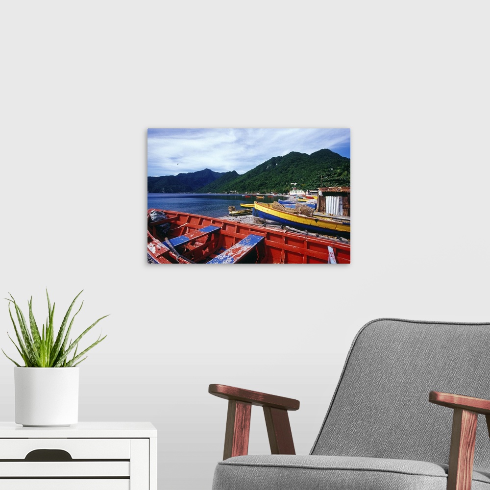 A modern room featuring Village of Scotts Head, Soufriere Bay, Southern Coast, Dominica, Caribbean.