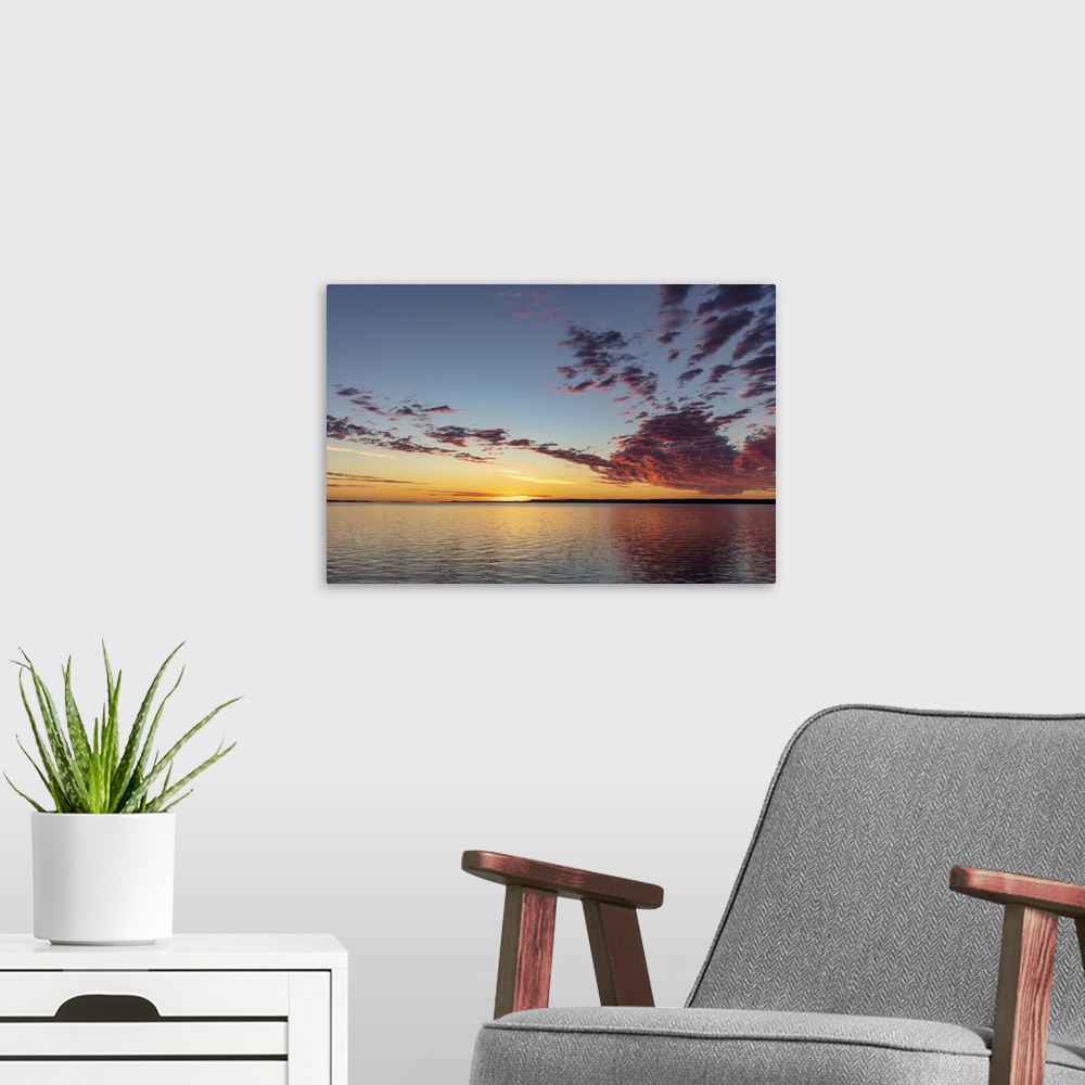 A modern room featuring USA, North America, Montana. Vivid Sunrise Clouds Over Fort Peck Reservoir In The Charles M Russe...