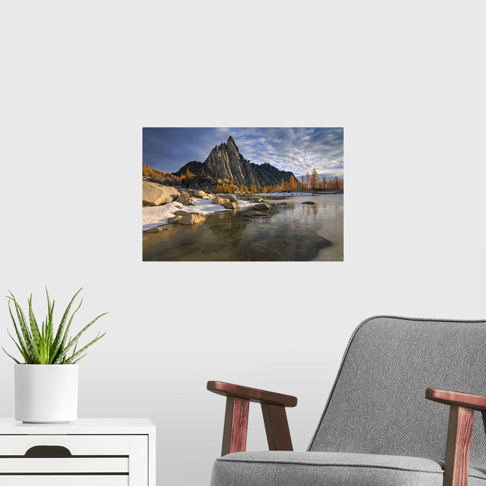 A modern room featuring USA, Washington, Cascade Mountains.  Prusik Peak from frozen Gnome Tarn in the Enchantment Lakes.